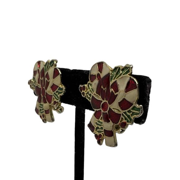 Vintage Christmas Candy Cane Earrings Festive Enamel Clip-On Holiday Jewelry Set - Picture 3 of 14
